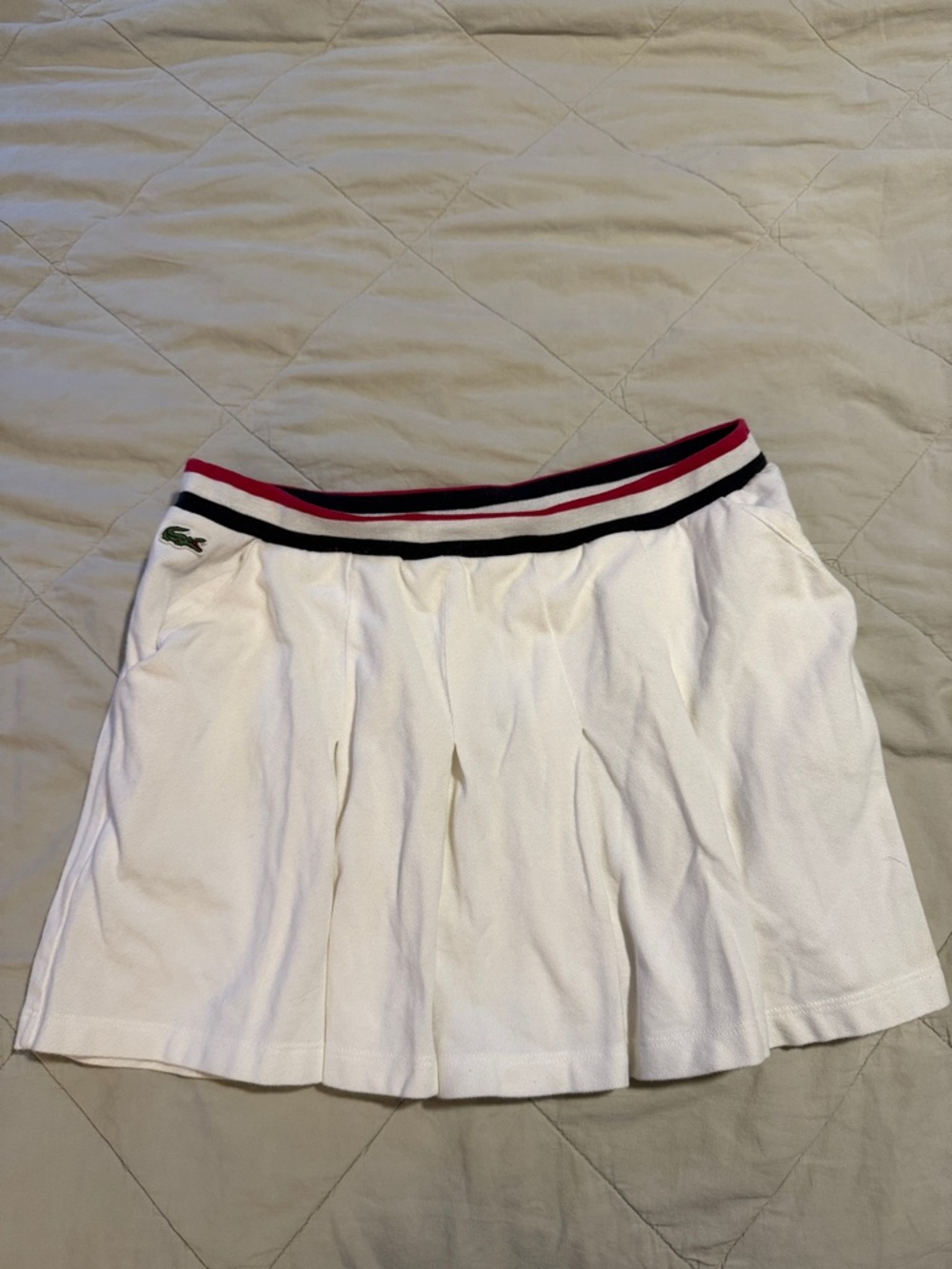 Lacoste White Pleated Skater Skirt with Red and Navy Stripe Waistband